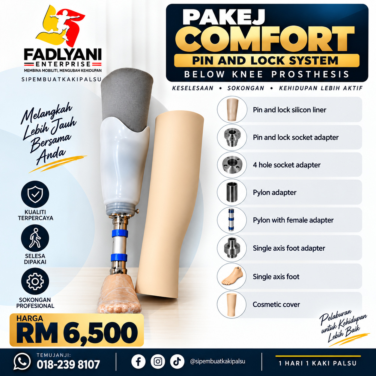 Poster Pakej Comfort Fadlyani dengan kaki palsu bawah lutut dan komponennya
