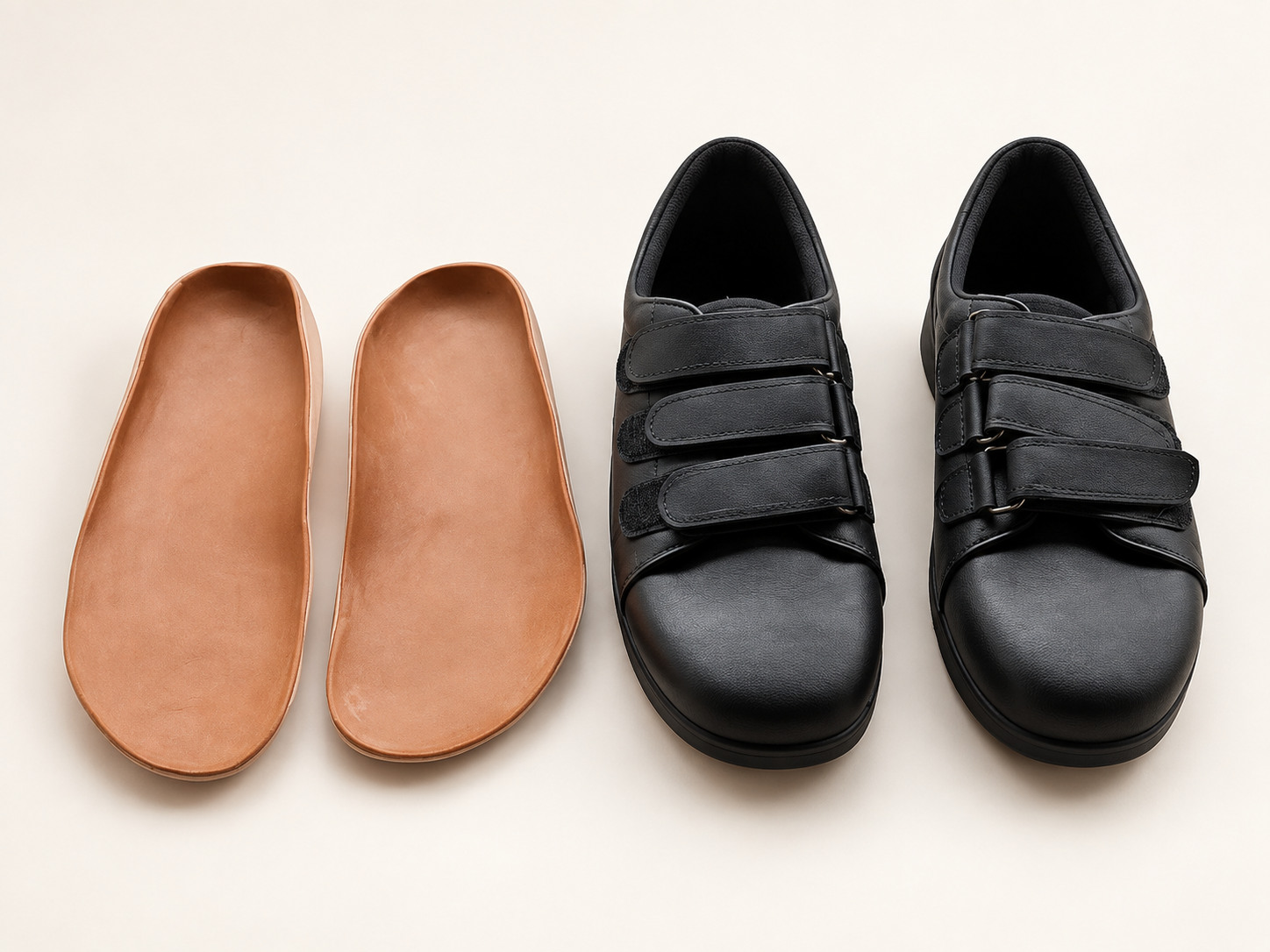 Sepasang kasut diabetik hitam bersama custom insole dan toe filler berwarna coklat